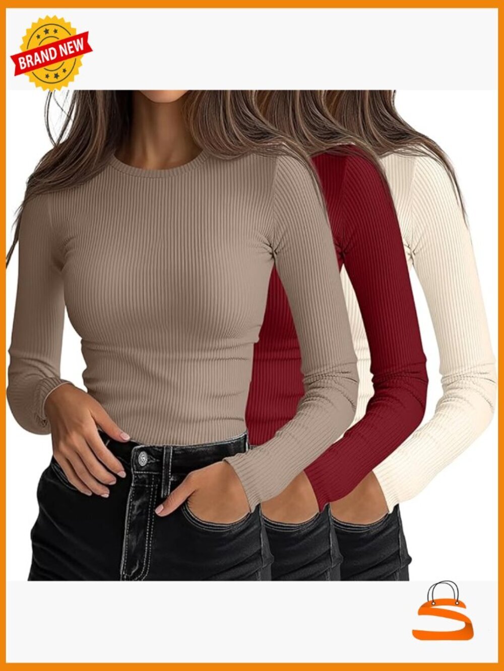 3 Pack Ribbed Long Sleeve Tops Crew Neck Slim Fit Layering Tees